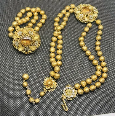 Rare Vintage Miriam Haskell Rhinestone Pearl Gold Necklace Matching Bracelet Set • $400