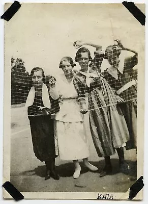 4 Gals Fooling Around Tennis Court Net Fashion Fun Vintage Snapshot Photo • $15