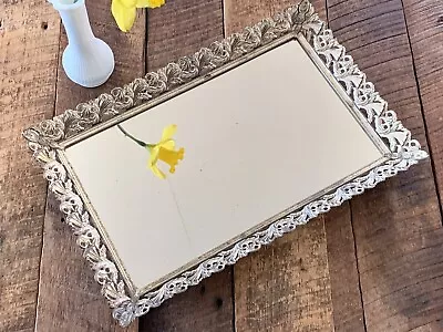 Vtg 15 X 10” Silver Ornate Filigree Mirror Vanity Footed Tray Or Picture Frame • $24