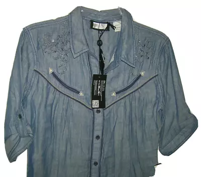 Miss Me Denim Blue Button Up Embroidered Shirt Womens Size Large / L • $29.99