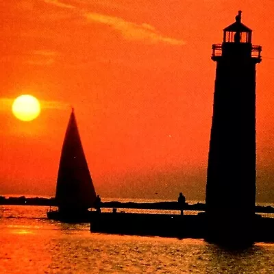 Postcard Sunset At Muskegon MI Lighthouse Sailboat On Lake Michigan • $4.75