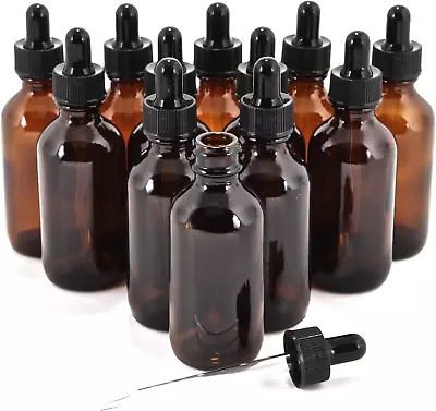 2 Oz Amber Glass Bottles With Glass Droppers & Black Caps ( Pack Of 12 ) • $14.69