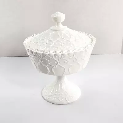 Vintage Fenton Footed Compote Candy Dish Milk Glass Silver Crest Spanish Lace • $49.99