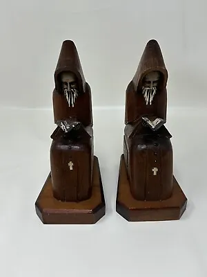 Hand Carved Wood Monk Priest Friar Bookends Vintage Wooden Mexico 2 Piece Set • $48.99