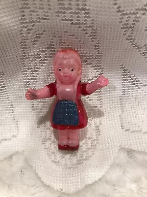 Vintage Celluloid Girl Doll Hot Pink Dress Blue Apron Molded Tiny 2.5” Tall • $15