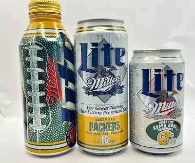 Set Of 3 Different Green Bay Packers Miller Lite Aluminum Beer Bottle/Cans • $11.50