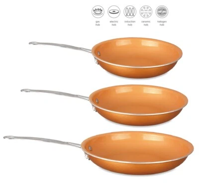 £36.99 • Buy 3Pc Non Stick Copper Frying Pan Ceramic Oven Safe Gas Electric Induction Hob 