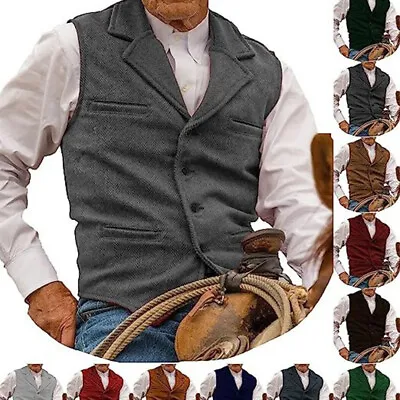 Mens Herringbone Tweed Lapel Wool Waistcoat V-Neck Vest Vintage Suit New# @ • $9.44