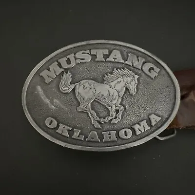 Oklahoma Mustang Belt Buckle By Lewis Buckles Bonus Tooled Leather Belt 38 -46  • $23.99