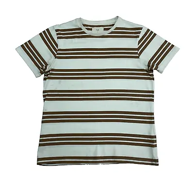 FOLK Men’s Short Sleeve Crew Neck Multi Stripe T-Shirt Size 4 LARGE White /Brown • $16.17