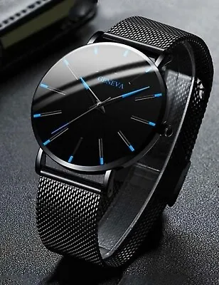 Mens Watch.. Ultra Thin Black & Blue Business Watch With Mesh Strap Quartz UK • £7.99