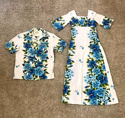 Rare Vintage 60s UI-MAIKAI Hawaiian Button Shirt & Dress BLUE HIBISCUS Design • $135