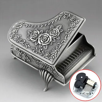 Vintage Alloy Piano Music Box Case Wind Up Rose Carved Jewelry Case Present Gift • £35.99