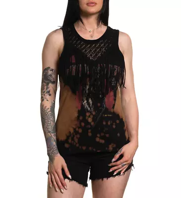 Affliction Women's BLOOD MOON Fringe Lace Wolf Graphic Bleach-wash Tank-Top NWT • $66.22