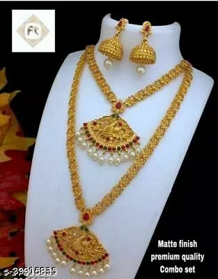 South Indian Gold Plated Long Necklace Bridal Temple Earring Fashion Jewelry Set • $25.86