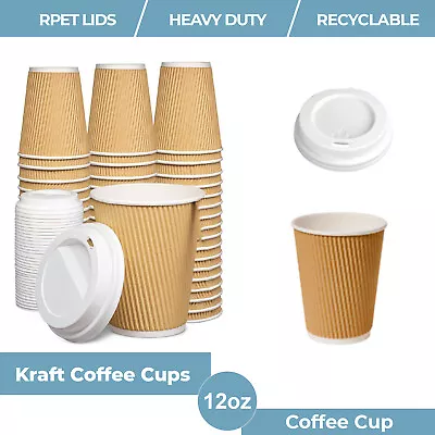 4/8/12/16oz Insulated Ripple Disposable Cup Paper Coffee Brown Cups / White Lids • £8.95