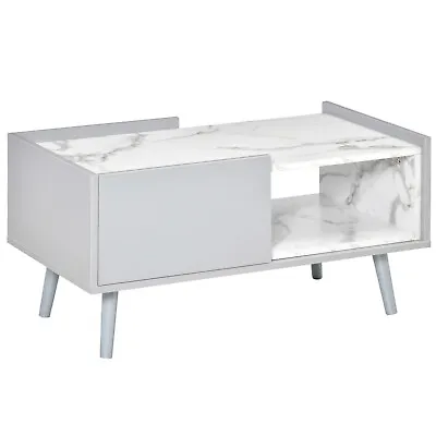 Coffee Table Storage Unit Wood Rectangular Shelf Drawer Grey & White Marble • £54.95