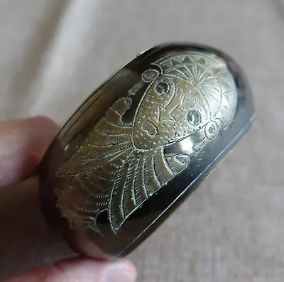 Vintage Brass Bangle Bracelet Aztec Mayan Bird Man Etched Design Large Chunky • $14.99