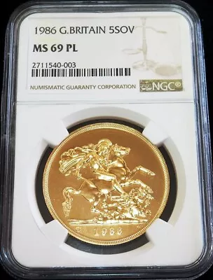 1986 Gold Great Britain 5 Pounds Coin Ngc Mint State 69 Proof Like • $3460