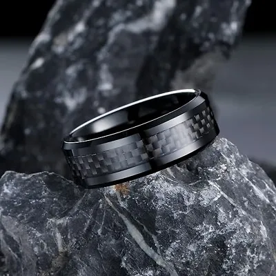 8mm Stainless Steel Men's Ring Wedding Black Carbon Fiber Inlay Celtic Comfort • £5.99