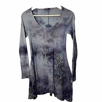 T Party Tunic Womens Gray Boho Floral Embroidery Ribbed Tie Dye Swing Top Small • $34