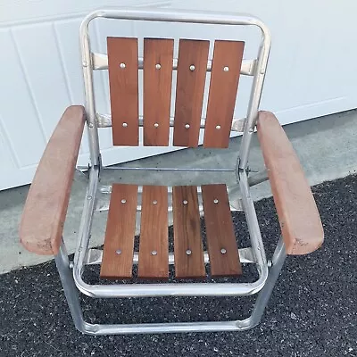 Childs Vintage Redwood 8 Slat Aluminum Frame Folding Lawn Chair Wooden Armrest • $70.74