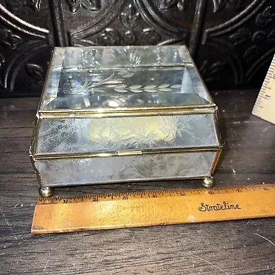 Brass And Stained Glass Trinket Box Mirrored  Vintage Beveled Lid • $20.10