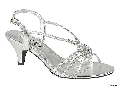 New Womens Silver Diamante Wedding Ladies Prom Low Heel Bridesmaid  Sandals • £18.89