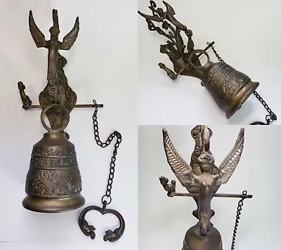 Vintage Brass Church Wall Mount Bell Figural Angel Ovime-Tangit  Vocem-Meam-A • $95