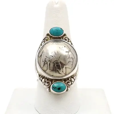 £157.68 • Buy Sajen Sterling Silver Turquoise Indian Head Nickel Coin Navette Ring Unisex Sz10