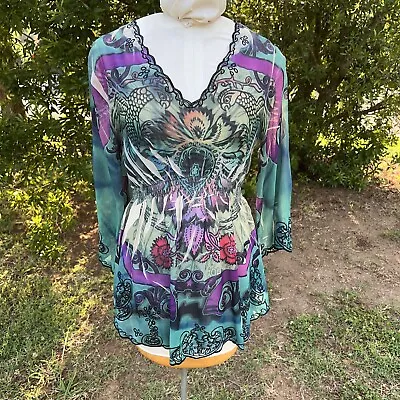 Mushka By Sienna Rose Teal & Purple Sheer Tunic Blouse Small • $11.90