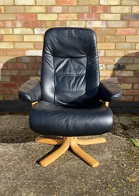 Danish Reclining Swivel Armchair Black Leather Stressless Type • £175