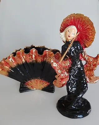 Hedi Schoop California Pottery Set Of 2 Japanese Woman With Umbrella & Fan Vase • $150