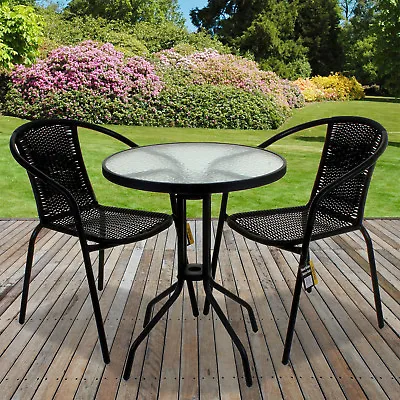 Rattan Glass Table Bistro Set 3 Piece Cafe Stacking Chair Garden Outdoor Black • £79.99