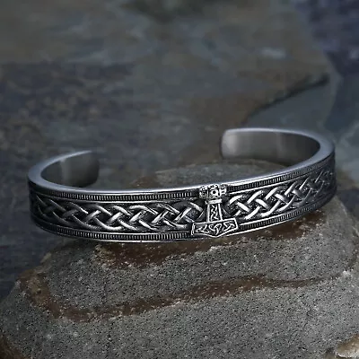 Thors Hammer Viking Bracelet Silver Stainless Steel Norse Mjolnir Cuff Bangles • $16.99