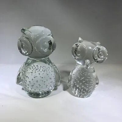 $10 • Buy Vintage Set Of Two Murano Art Glass Owls With Bullicante Bubbles.