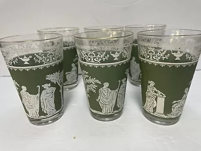 6 Vtg Jeannette 14 Oz Bar Glass Tumblers Green Wedgwood Glass Hellenic MCM Greek • $24.99