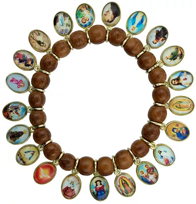 Solid Wood Beads Catholic Bracelet 21 Antique Gold Medals Of Mary Jesus Saints • $17.88