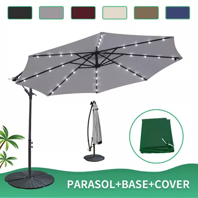 3M LED Patio Banana Parasol Garden Hanging Cantilever Umbrella W/ Base Cover • £161.99