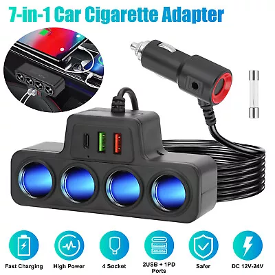 7-in-1 4Way Car Cigarette Lighter Socket Splitter Fast Charger Power Adapter 12V • $12.98