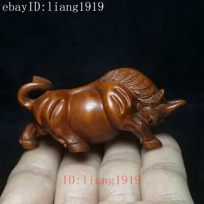 Old China Boxwood Hand Carved Wealth Ox Figure Statue Netsuke Decoration 3 Inch • £23.99
