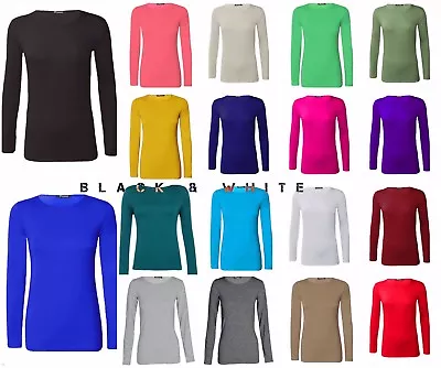 Women Basic Long Sleeve Plain Round Neck Ladies Stretch Plus Size Top T Shirt • £6.79