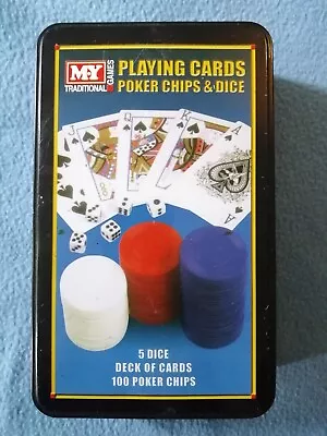 M.Y Traditional Playing Cards Poker Chips & Dice In Tin • £1.99