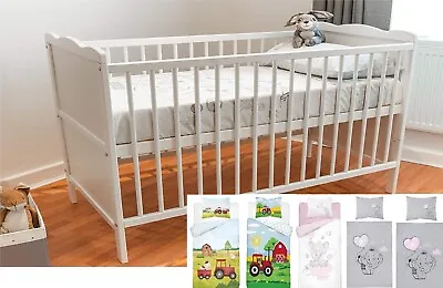 White Baby Cot Bed With Foam Mattress 120x60cm With Bedding Set! • £155.99