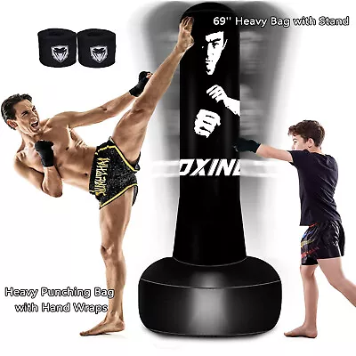 69  Heavy Punching Bag Boxing Free Standing With Hand Wraps MMA Fitness Training • $29.62