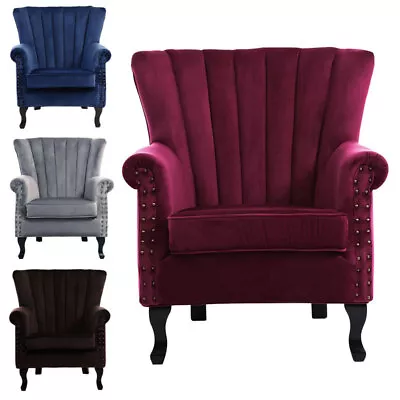 Velvet Chesterfield Sofa Queen Anne Wingback Armchair Scallop Shell Accent Chair • £169.95