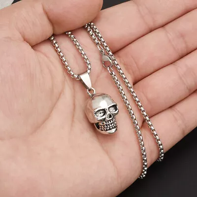 Mens Stainless Steel Vintage Skull Skeleton Pendant Necklace Men Women Silver • $9.95