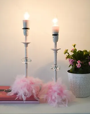 £64.95 • Buy Pair Pink Feather Table Lamps , Pink Hand Painted Lamp , Clear Glass Diamond Cut