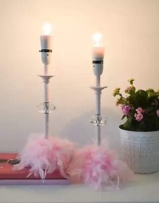 Pair Pink Feather Table Lamps  Pink Hand Painted Lamp  Clear Glass Diamond Cut • £64.95