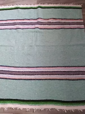 Vintage Wool Mexican Blanket 51  X 56  Inches Teal Striped W/ Pink & Gray • $50
